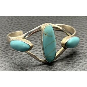 Vintage Faux Turquoise Three Stone Cuff Bracelet Modernist Silver Tone